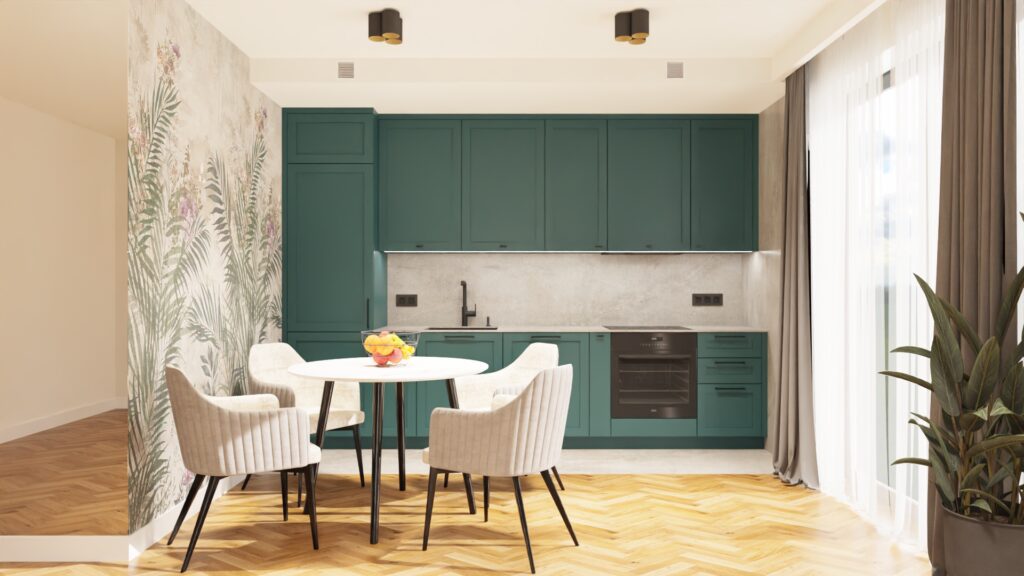 Projekt kuchni w stylu modern classic z zielonymi frontami MDF, spiekiem kwarcowym Dekton Soke i podłogą w jodełkę