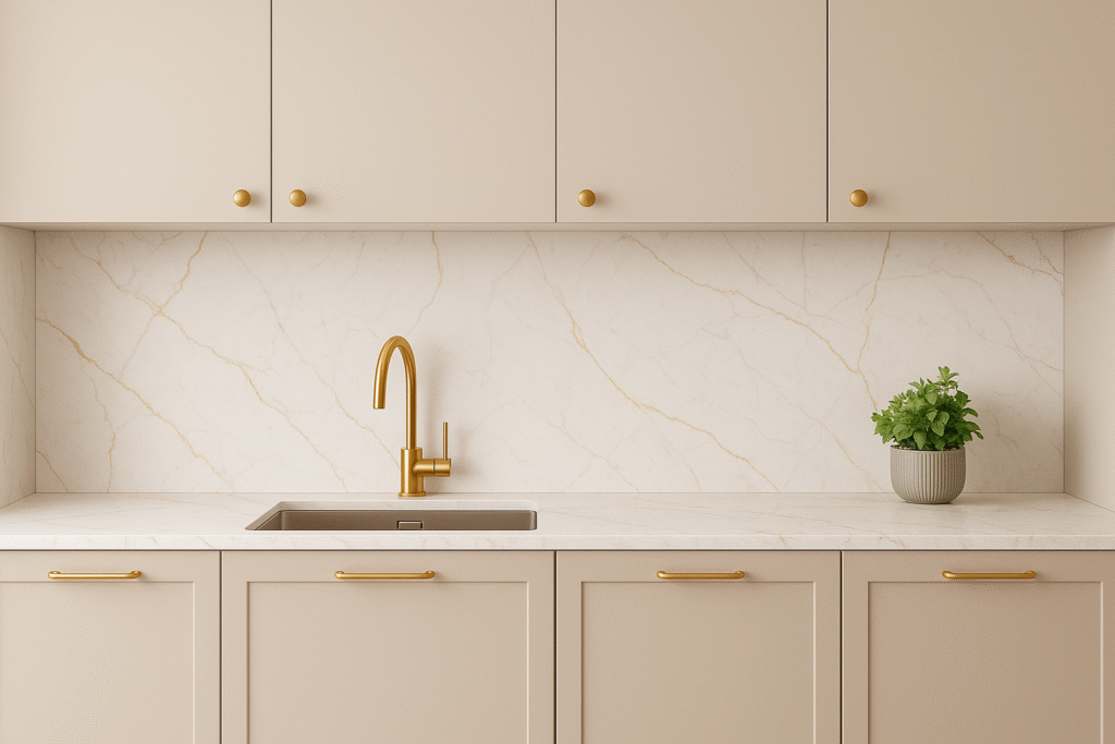 Render kuchni z blatem kompaktowym 12 mm w kolorze marmur biały, z podwieszanym zlewem i złotym kranem