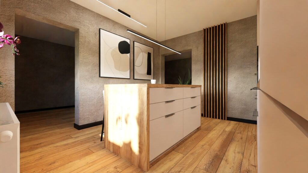 Kuchnia przechodnia z wyspą, zabudową pod sufit i drewnianymi lamelami przy wejściu do salonu