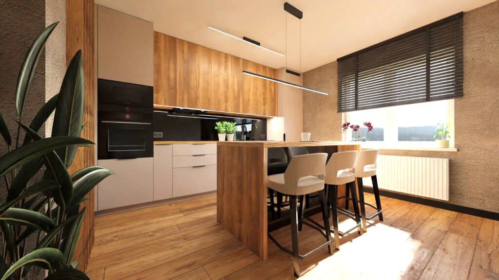 Nowoczesna kuchnia z wyspą, jasnymi frontami akrylowymi i drewnianymi szafkami w domu typu PRL-owska kostka