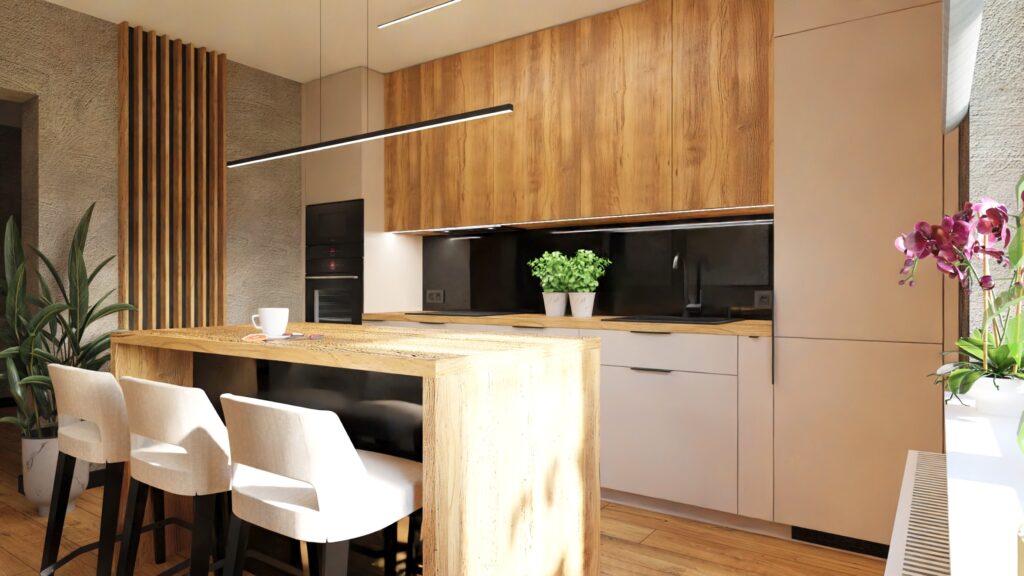 Nowoczesna kuchnia z wyspą, jasnymi frontami akrylowymi i drewnianymi szafkami w domu typu PRL-owska kostka