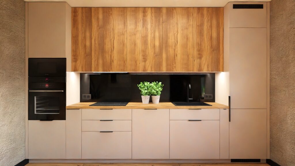 Zabudowa kuchenna pod sufit z jasnymi frontami akrylowymi, drewnianymi szafkami i czarnym szkłem nad blatem