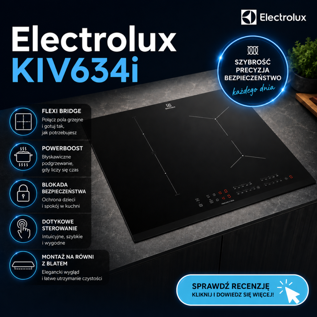 Infografika przedstawiająca funkcje płyty indukcyjnej Electrolux KIV634i, w tym FlexiBridge, PowerBoost i montaż na równi z blatem